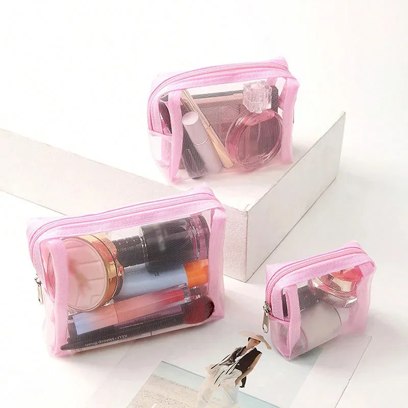 ensemble de 3 trousses de maquillage en maille, organisateur de cosmétiques de style ins pour femmes, mini pochette de toilette de voyage portable pour rouge à lèvres et cosmétiques