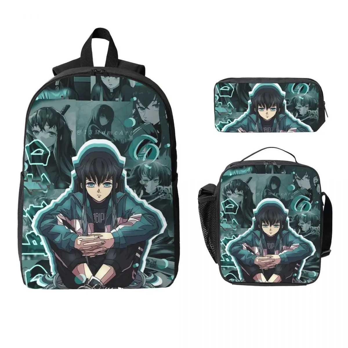 muichiro tokito sac à dos étudiant garçons filles bookbag sac d'école ordinateur portable sacs à bandoulière 3ps sac à déjeuner isolé trousse à crayons