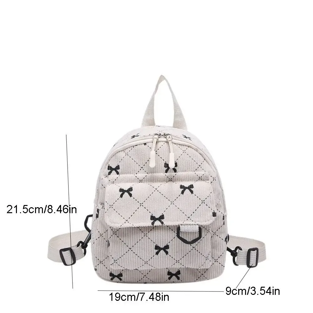 mini sac à dos en velours côtelé avec nœud imprimé, sac à bandoulière léger, sac de rangement cosmétique multi-couches, sac à dos quotidien