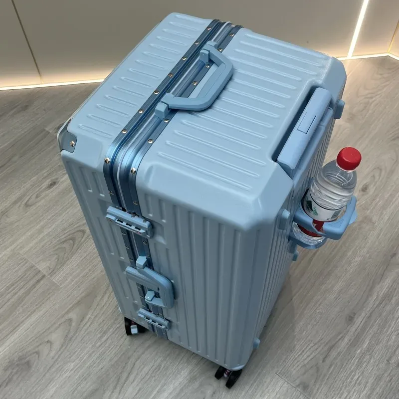 nouvelle valise cadre en aluminium bagage roulant avec porte-gobelet porte-cabine matériau pc valise sur roulettes grande capacité