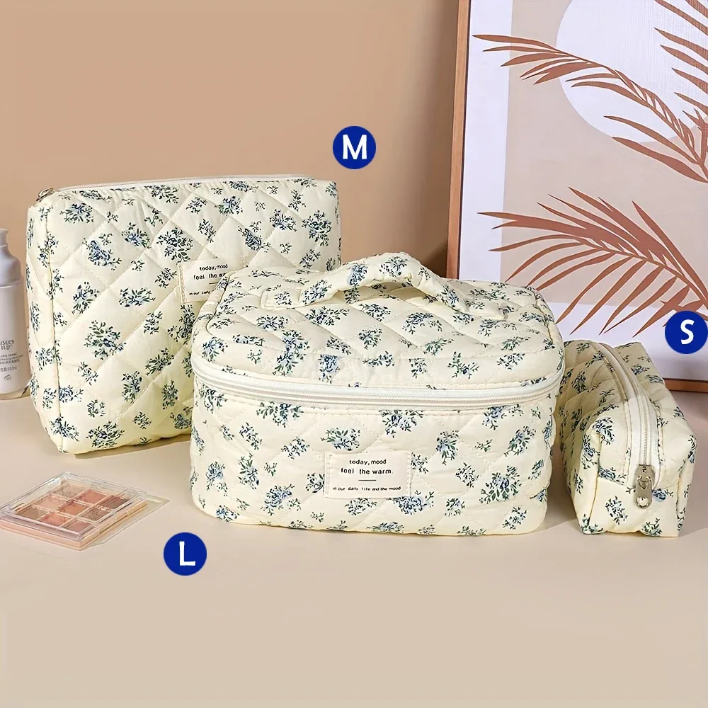 sac de maquillage en coton matelassé pour femmes, 1 pièce, mignon, fermeture éclair, organisateur de cosmétiques, sac à main en tissu en forme de boîte, trousse de toilette portable pour filles