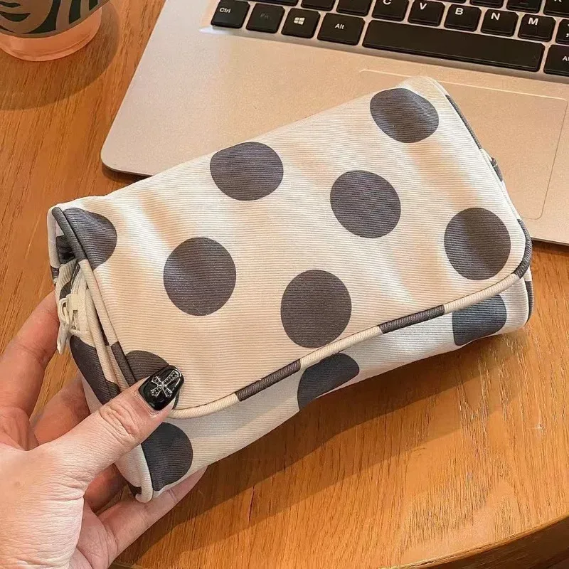 grande trousse à cosmétiques à pois, grande capacité, pochette de rangement pour maquillage, sac de voyage portable avec miroir pour femmes