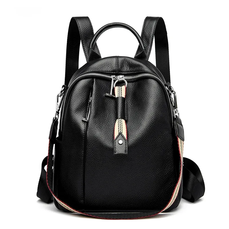 Sac à dos tendance en cuir de vachette première couche, sac pour femme en cuir véritable noir style multi-portage, sac à dos décontracté multi-compartiments pour trajets quotidiens