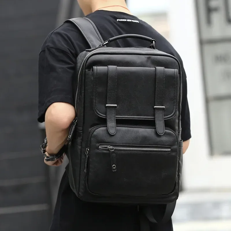 sac à dos simple en cuir pu souple pour hommes, sac à dos de grande capacité pour ordinateur portable de 14 pouces, cartable pour étudiants, sac à dos de voyage