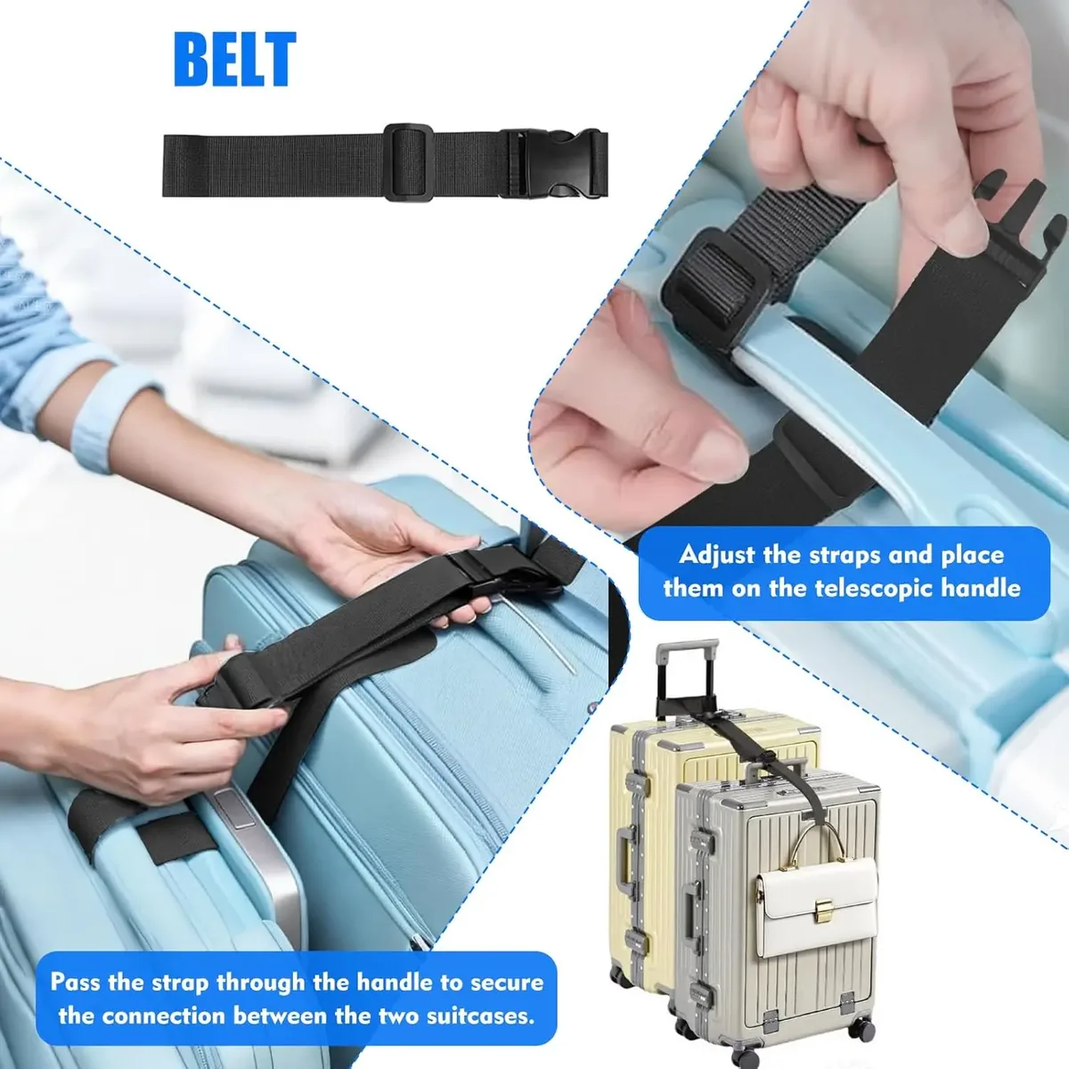 2 ensembles de sangles de connexion réglables en nylon pour bagages, ceinture de fixation portable, accessoire de voyage pour valise, sac à main, voyage en plein air