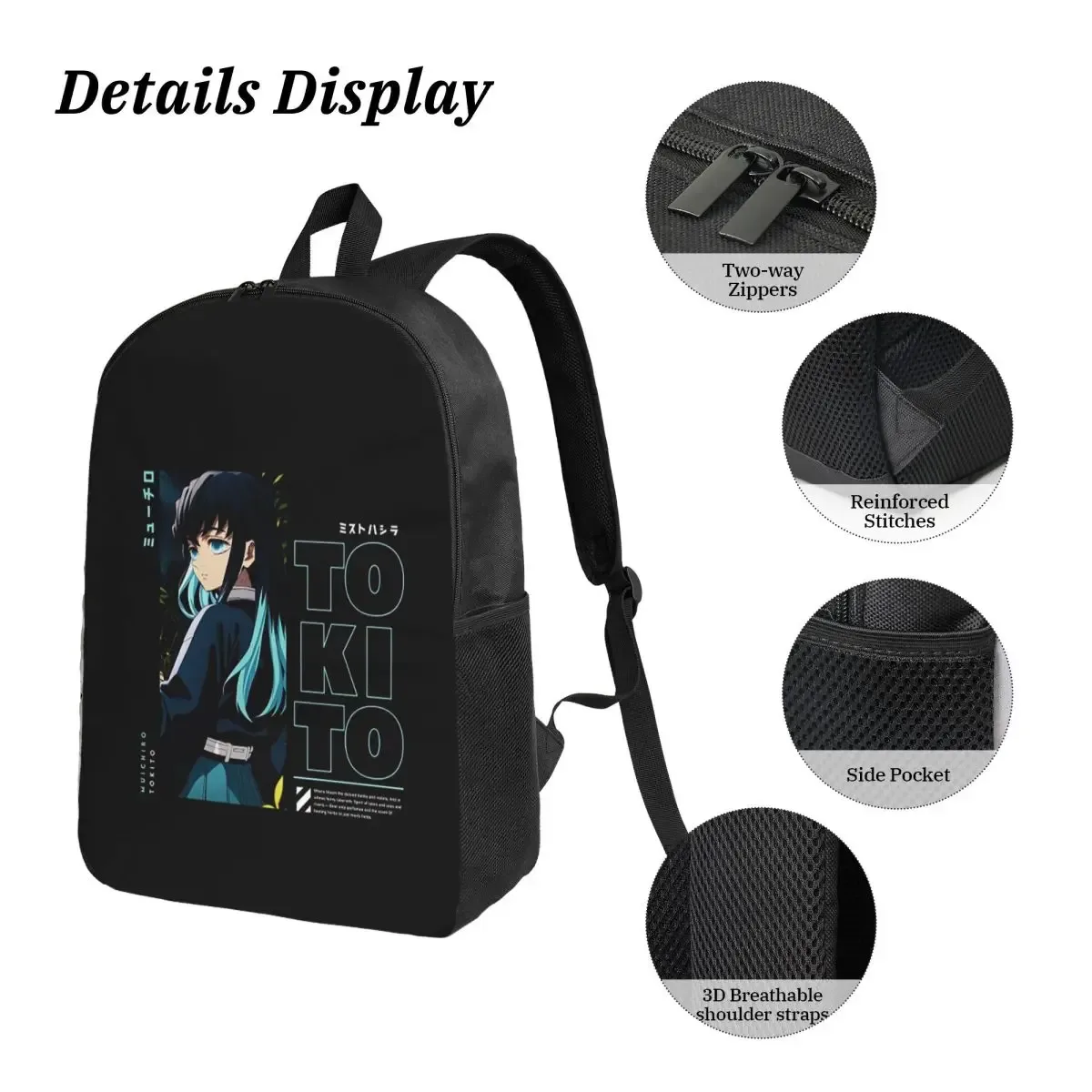 muichiro tokito demon slayer sac à dos garçons filles bookbag sac d'école ordinateur portable sacs à bandoulière 3ps sac à déjeuner isolé trousse à crayons