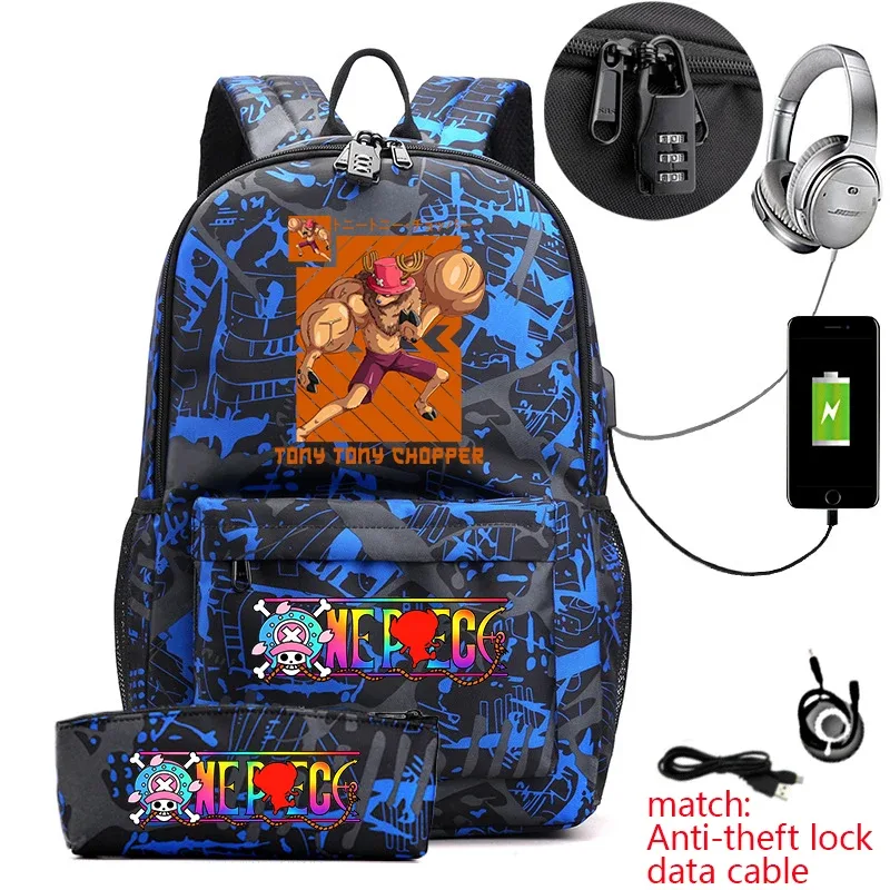 sac à dos antivol pour étudiants avec imprimé tony chopper, avec trousse à crayons, sac à dos décontracté pour garçons, filles et adolescents