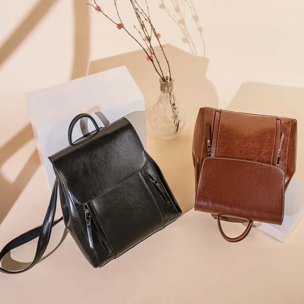 sac à dos rétro en cuir pour femmes, grande capacité, boucle magnétique, sac à dos imperméable multi-poches, sac de voyage antivol