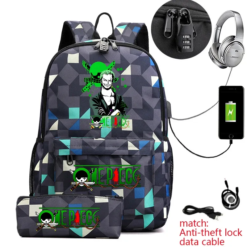 sac à dos d'école imprimé one piece zoro, antivol, pour enfants et adolescents, avec trousse à crayons