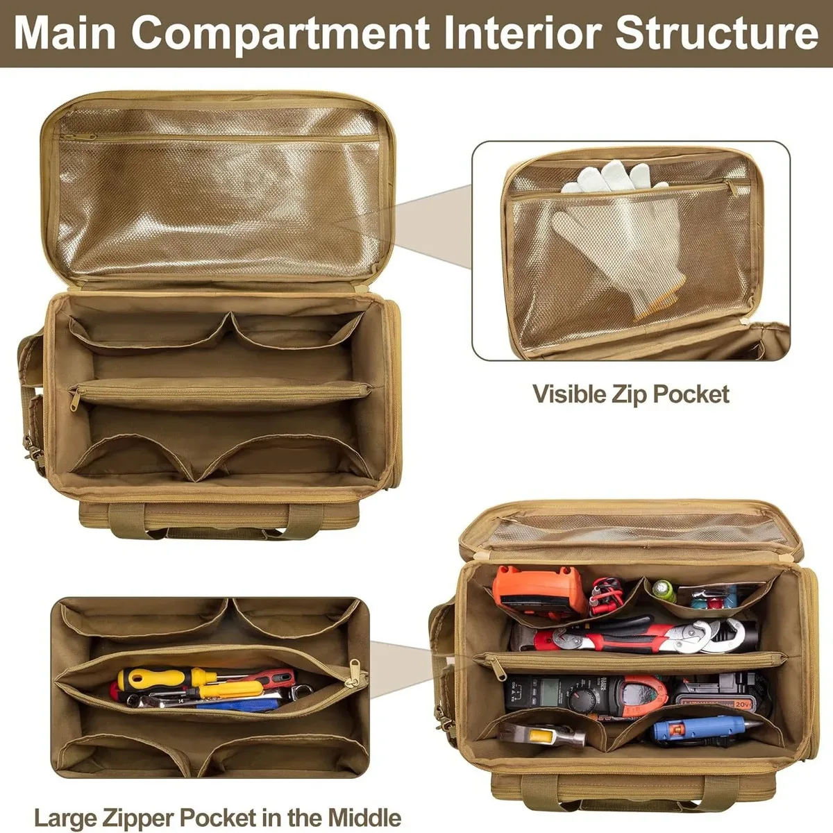 sacs de rangement d'outils robustes de 14 pouces, sacs à main de travail multifonctionnels pour mécanicien électricien charpentier constructeur plombier