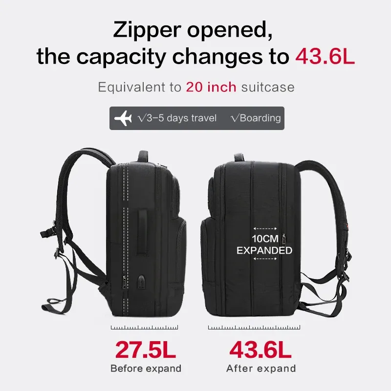 sac à dos pour ordinateur portable oiwas de grande capacité, extensible, avec port de chargement usb, 17,3 pouces, étanche, sac de voyage d'affaires pour hommes et femmes