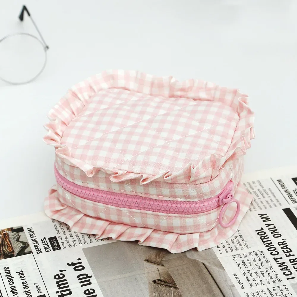 trousse de maquillage portable, design matelassé, motif à carreaux, sac de rangement pour pinceaux de maquillage, multifonctionnel avec fermeture éclair, trousse de toilette de voyage