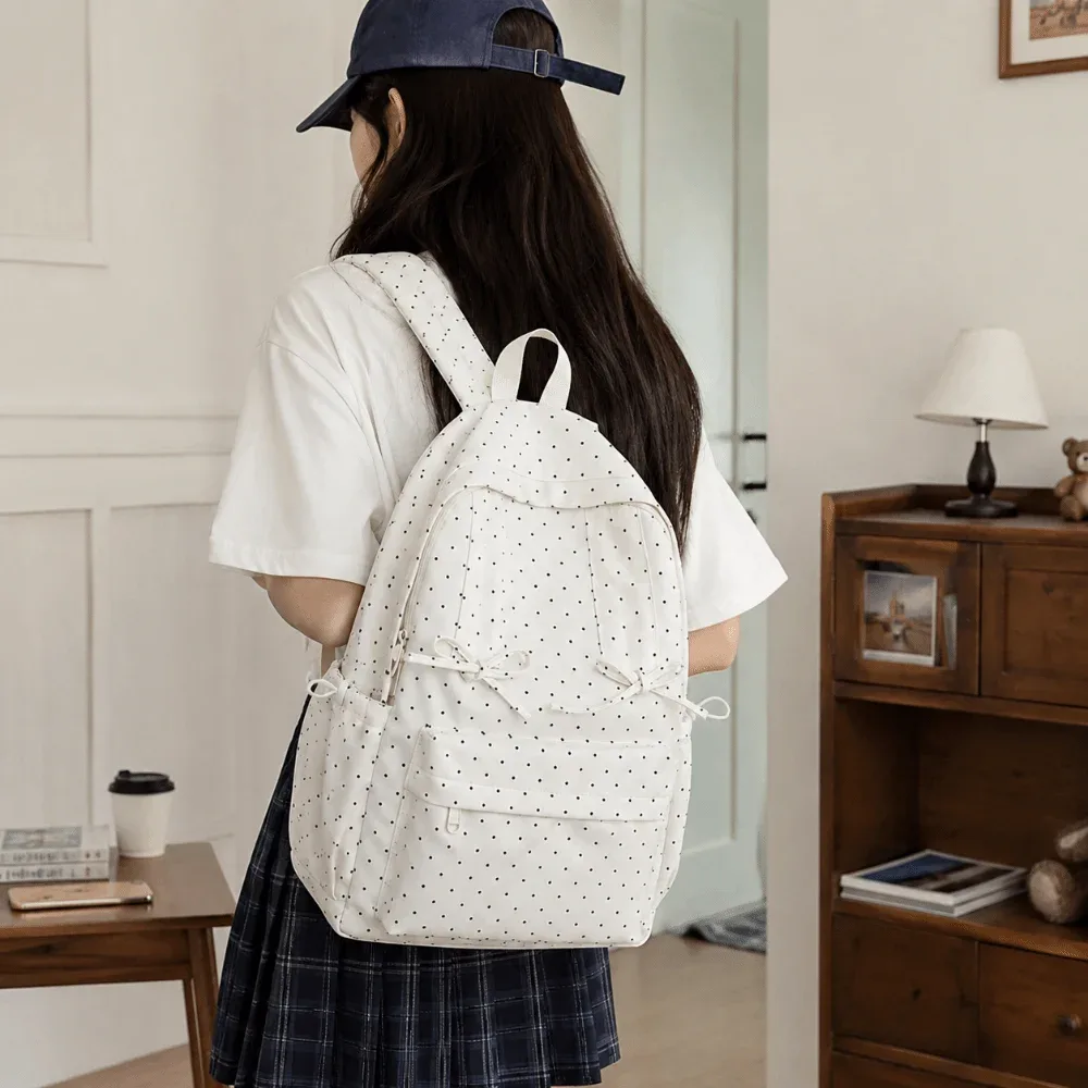 sac à dos mignon à pois grande capacité léger et minimaliste avec nœud, durable, idéal pour étudiants, cadeau