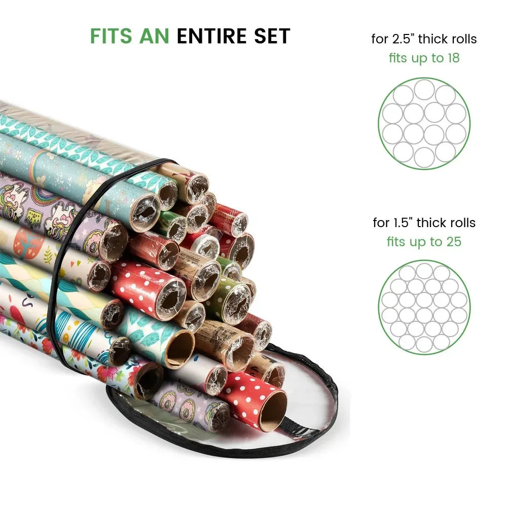 sac de rangement cylindrique en pvc transparent pour papier d'emballage, compatible avec les rouleaux standard de 30 pouces, pour sous le lit, dans le placard, ou comme support pour emballages cadeaux de fêtes