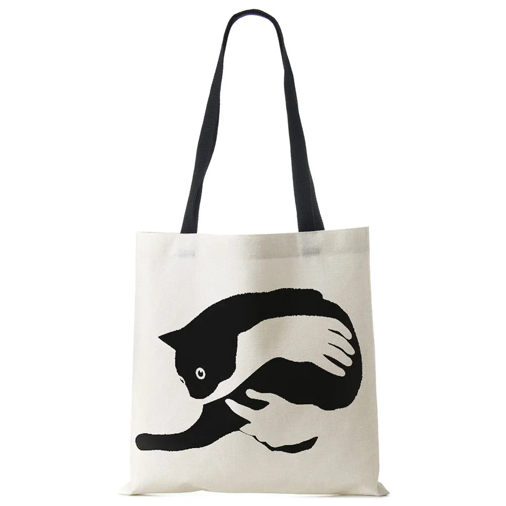 sacs fourre-tout de styliste pour femmes, sac à main écologique en tissu de lin imprimé chat noir sumi, sac à bandoulière réutilisable pour le bureau et le shopping
