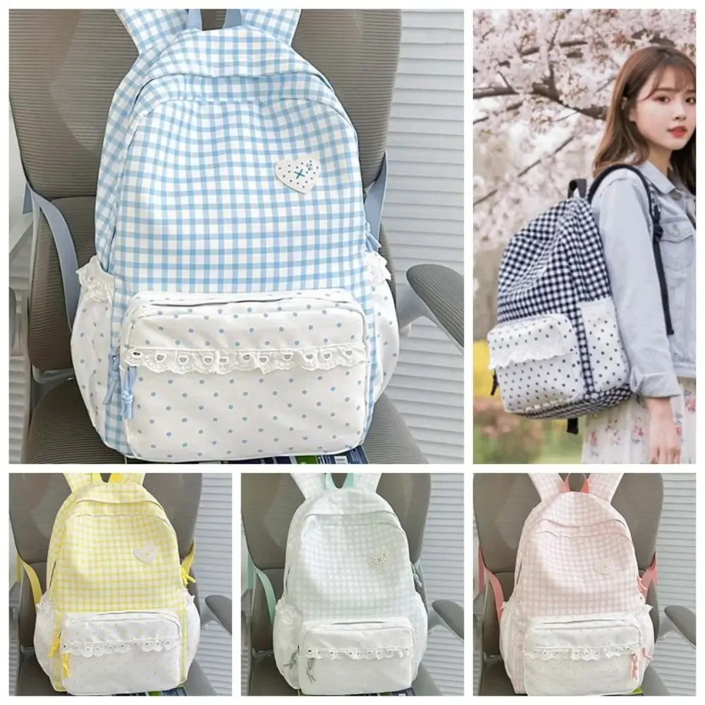 sac à dos en tissu vichy de style coréen, couleurs pastel, design à volants, sac d'école en dentelle, bretelles réglables, sac à dos à pois et à carreaux pour les voyages quotidiens.