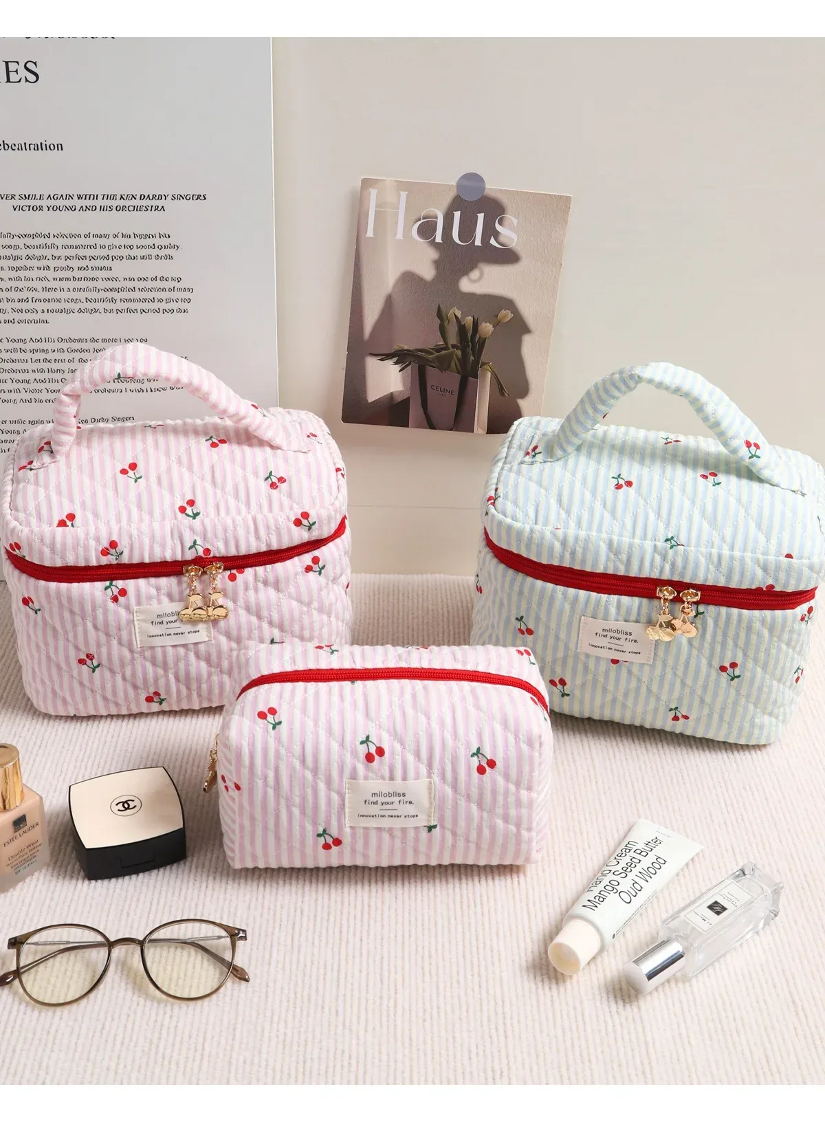 sac à cosmétiques matelassé imprimé cerise rouge ins, version coréenne, rayé, trois couleurs, polyvalent, simple, sac de rangement pour sortir, porte de voyage