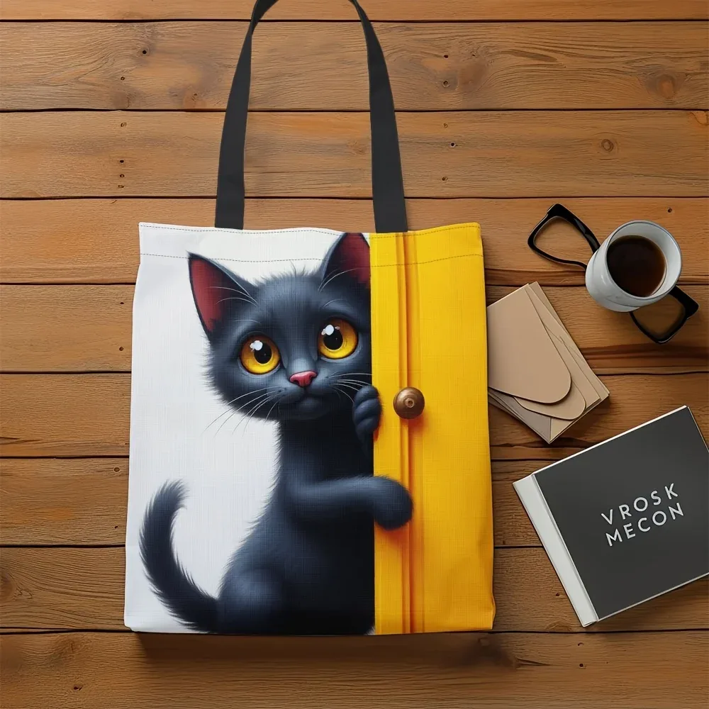 sac fourre-tout élégant imprimé chat noir, sac de shopping à bandoulière léger et pliable pour voyage scolaire