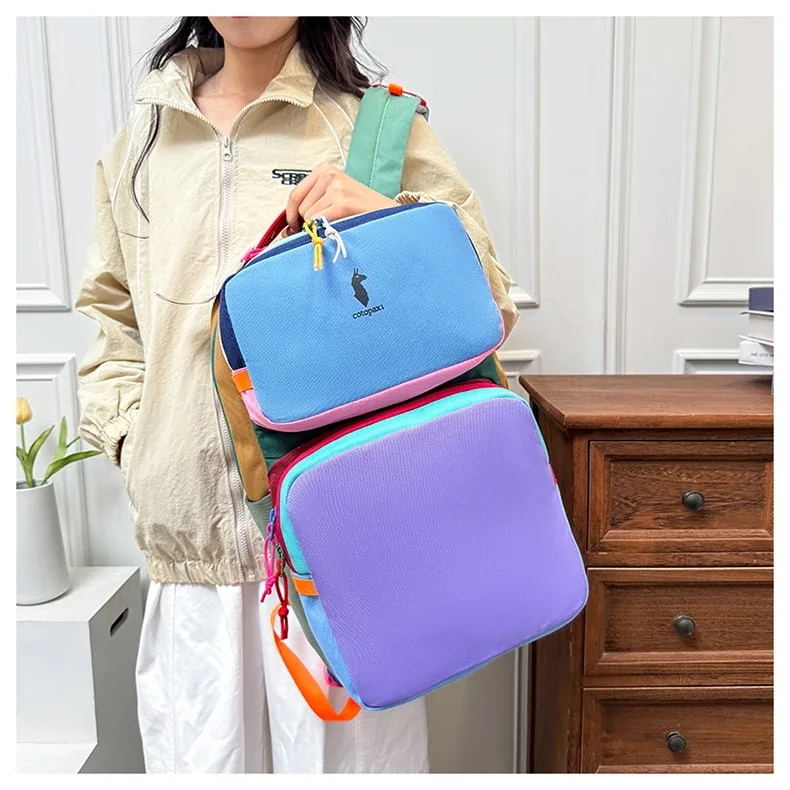 sac à dos color block avec plusieurs compartiments, sac de voyage décontracté et tendance, sac à dos double épaule multicouche aux couleurs contrastées