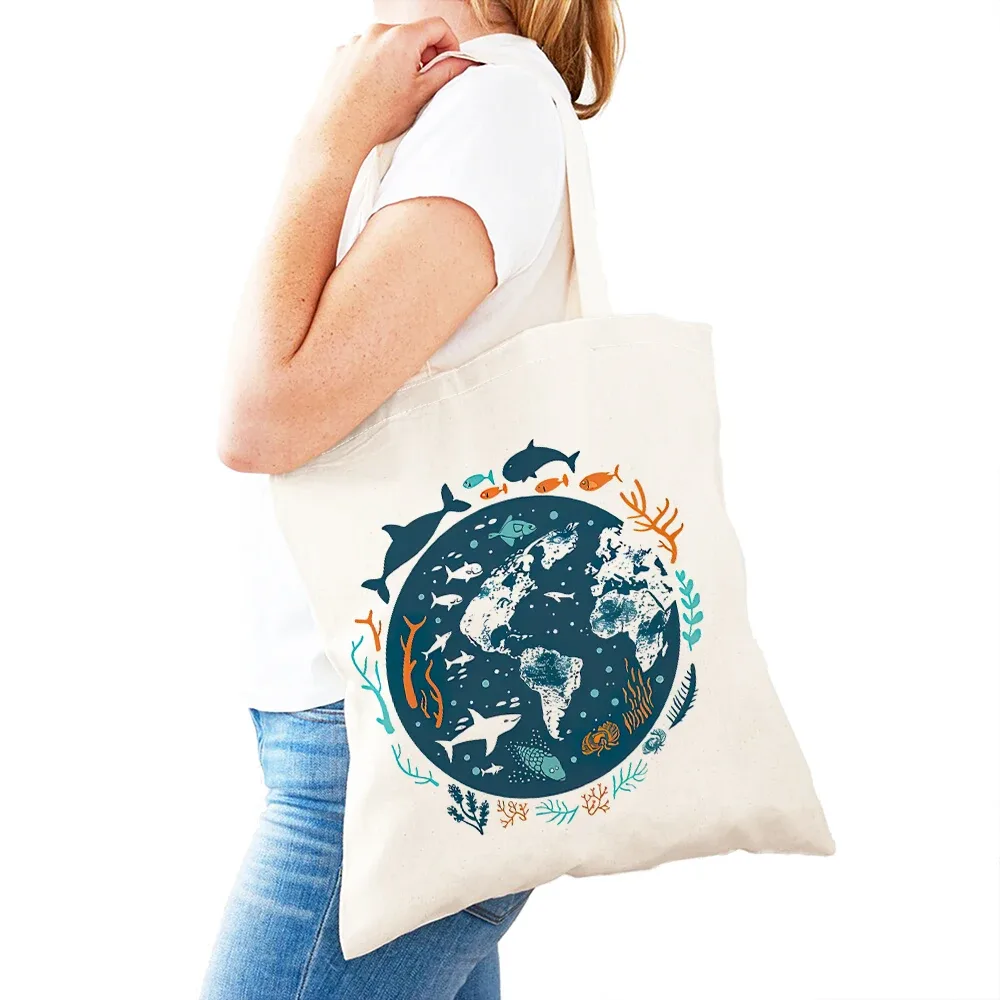 sac fourre-tout léger pour femme, motif baleine, dauphin, monde marin, sac de shopping pour fille, sac à main double impression monde des requins, sacs de shopping pour femme