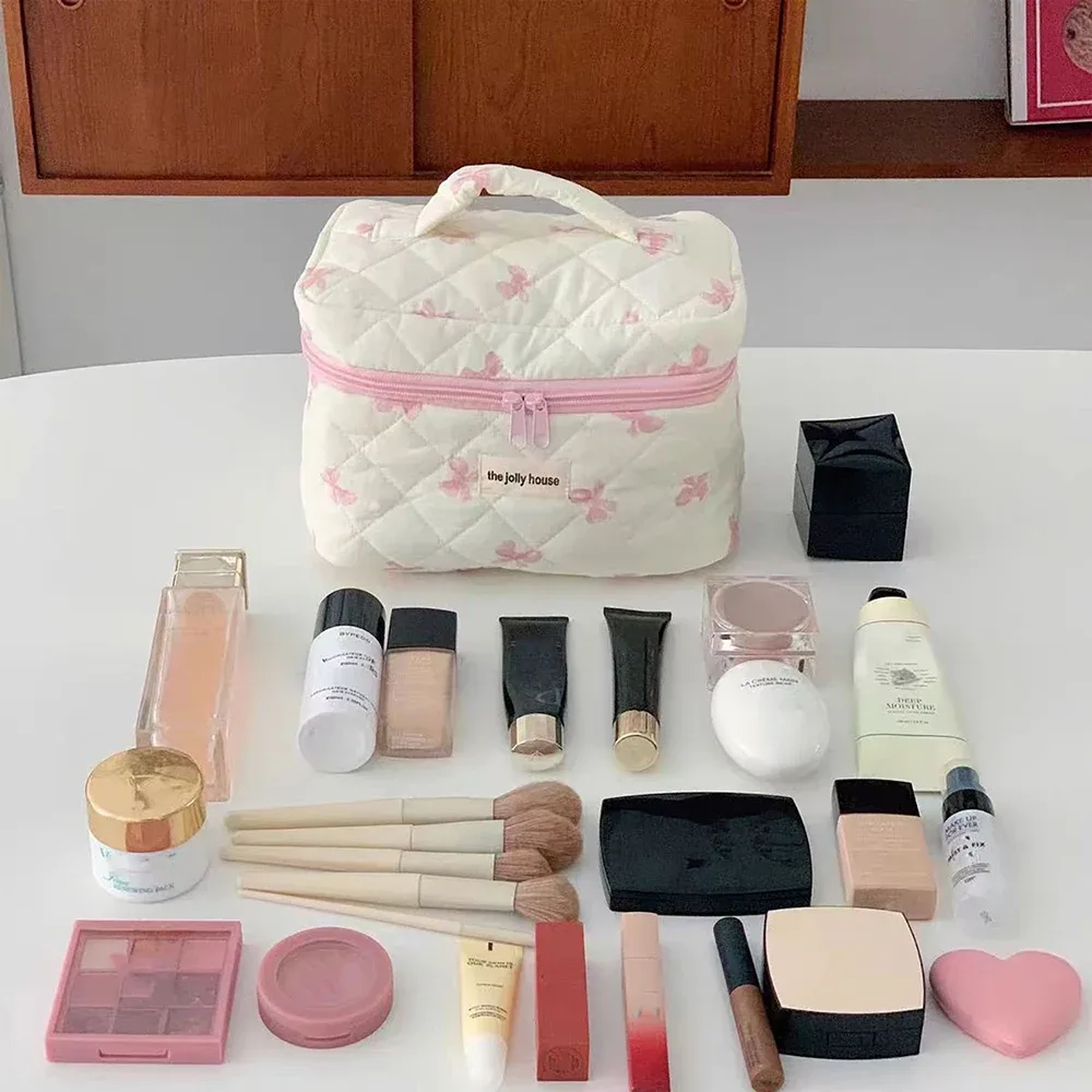 sac de rangement cosmétique en coton matelassé pour femme, nœud simple, sac à main d'évaluation de maquillage rouge à lèvres, sacs à fermeture éclair de grande capacité, mignon, nouveau