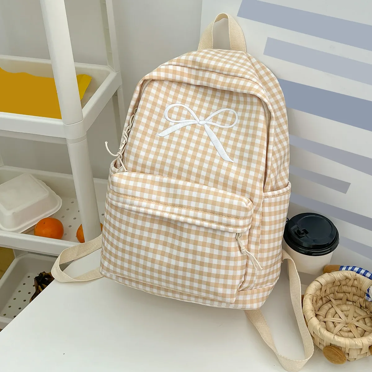 sac à dos scolaire mignon pour étudiants, multi-poches, en nylon souple, style preppy, motif quadrillé, avec nœud, pour livres, trajets quotidiens et travail