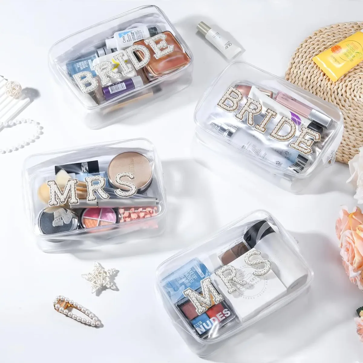 trousse de maquillage transparente pour la mariée, sac cosmétique de fiançailles, cadeaux de douche pour patients, patchs de lettres en biscuits scintillants, voyage en pvc étanche