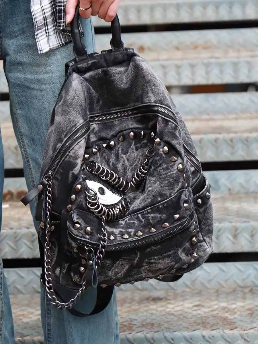 sac à dos en denim steampunk pour femmes, nouvelle mode, grande capacité, chaîne à rivets, sac à bandoulière, sac en toile de grande capacité