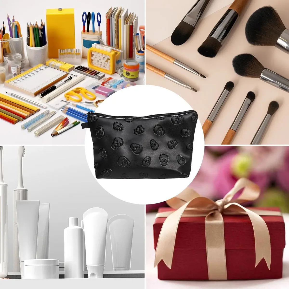 sac de voyage étanche en cuir pu motif crâne, pochette de voyage pour cosmétiques, sac de rangement à fermeture éclair pour produits de soin de la peau, sac portable noir