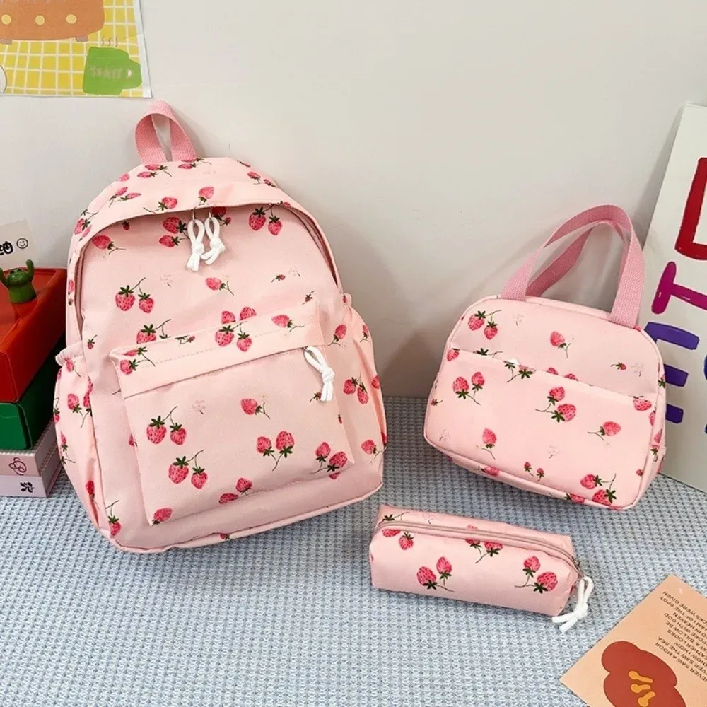 sac à dos fraise en tissu oxford, sac d'école réglable de grande capacité, style preppy avec sac à déjeuner et trousse à crayons, sac à dos de voyage