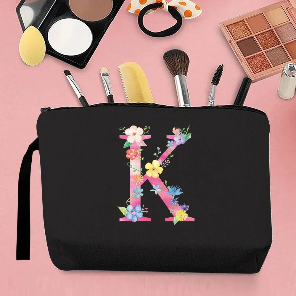 trousse de maquillage pour femmes, trousse de maquillage portable, trousse de maquillage de voyage pratique, sac à main en toile, motif de lettres roses, organisateur de bijoux