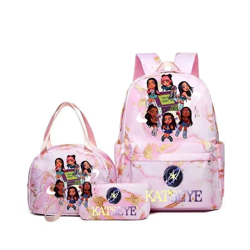 sac à dos grande capacité imprimé katseye amusant, léger, pour l'école, les voyages, décontracté, pour femmes et filles, avec compartiment pour stylos et sac à déjeuner