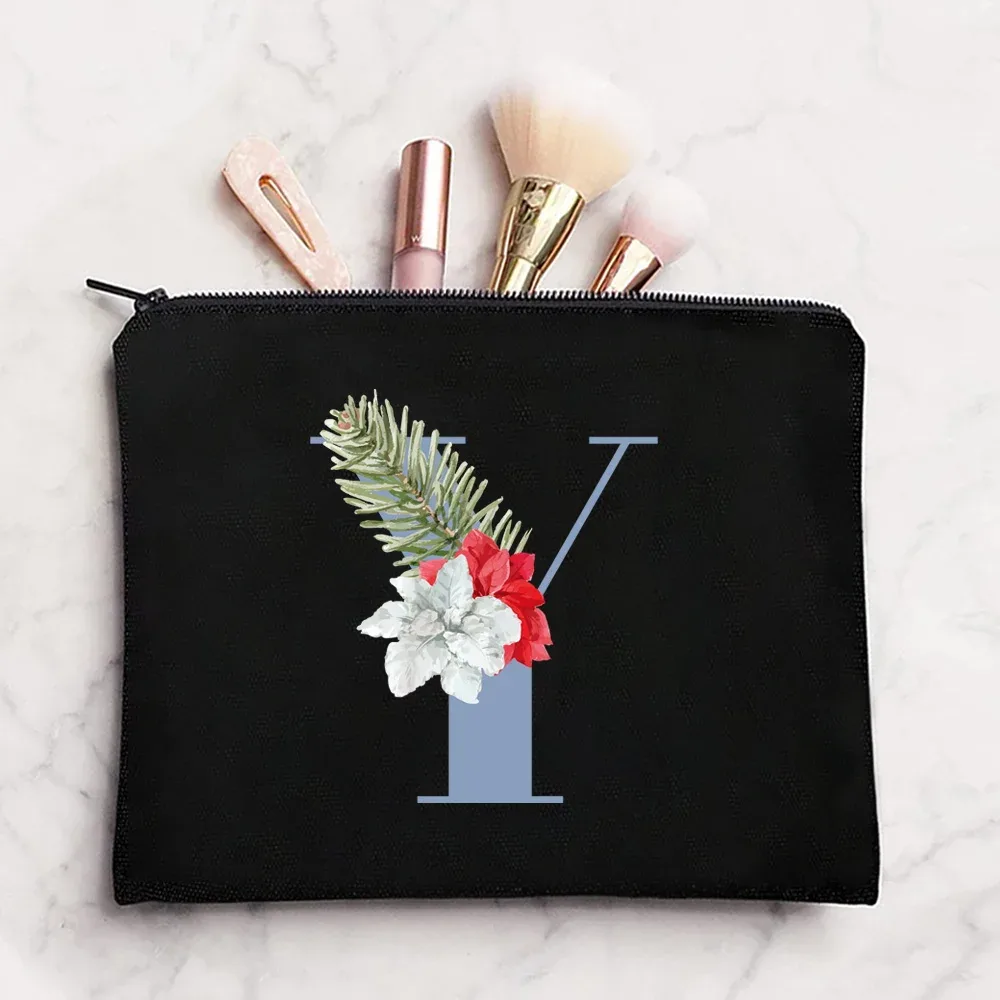 sac à cosmétiques en tissu pour femmes, pochette de maquillage, sac de voyage, rouge à lèvres, étuis de rangement, pochette à fermeture éclair, porte-monnaie de téléphone, initiales bleues imprimées