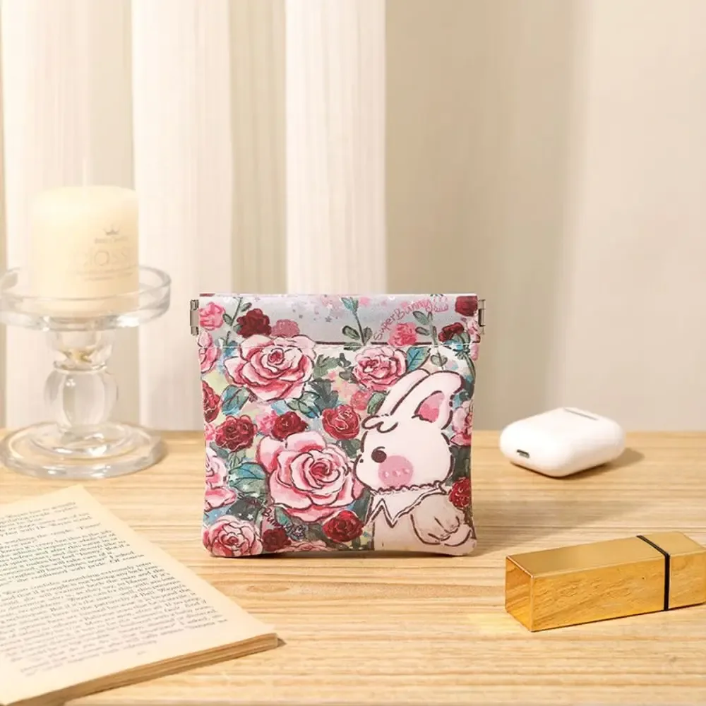 mini trousse de maquillage simple en cuir pu, sac de rangement pour rouge à lèvres imprimé à fermeture automatique, porte-monnaie à fleurs à fermeture automatique, sac pour écouteurs