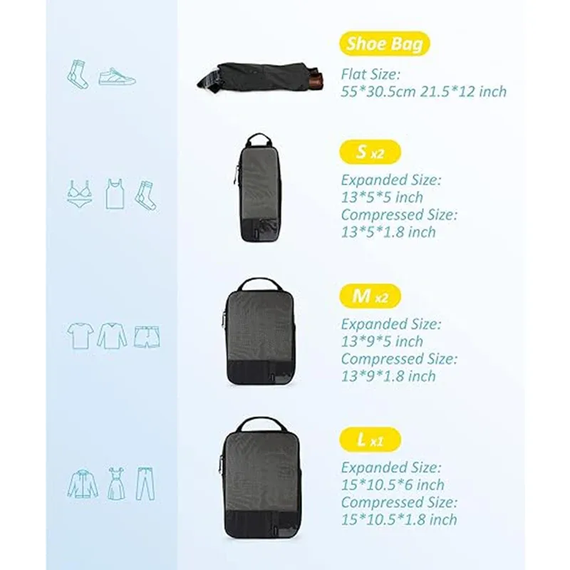 cubes d'emballage de compression pour hommes et femmes, organisateurs de bagages extensibles, bagages de voyage, bagages à main, 2-6 pièces