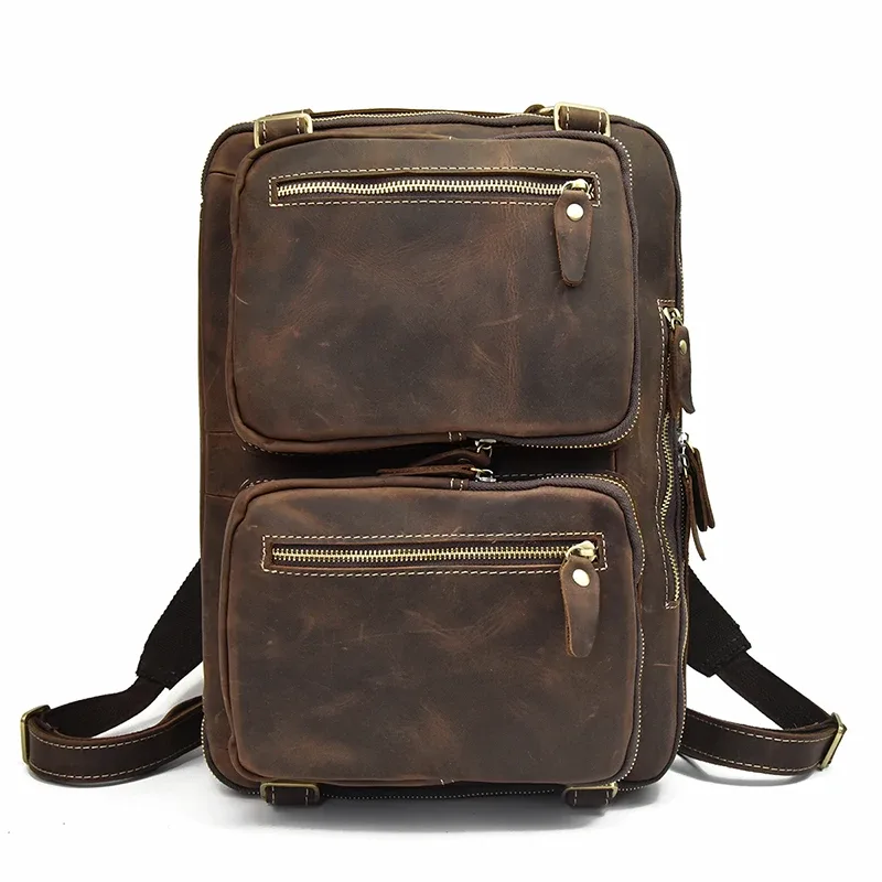 sac à dos en cuir de vache à double fermeture éclair, sac à bandoulière de bonne qualité, mallette de voyage et de bureau à double usage, en cuir pur