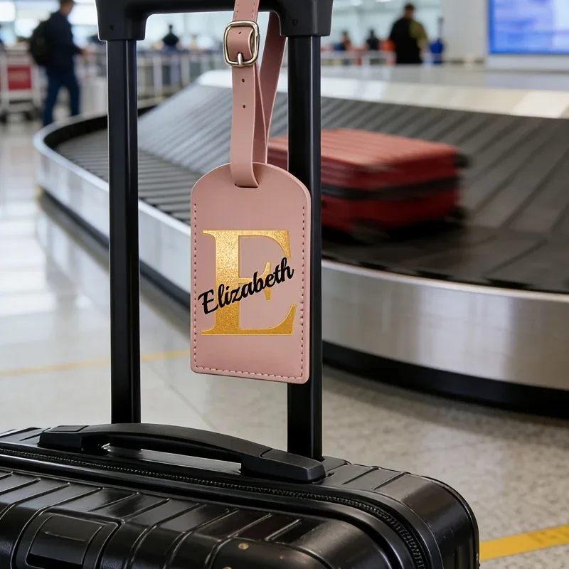 Étiquette de bagage personnalisée avec nom, rose, avec motif de carte d'embarquement et initiales pour une identification facile