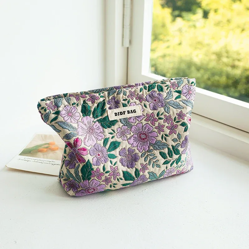 trousse de maquillage pour femmes, bouquet bleu, serviette hygiénique de grande capacité, retouche, fournitures de maquillage, sac de rangement en toile, trousse de toilette