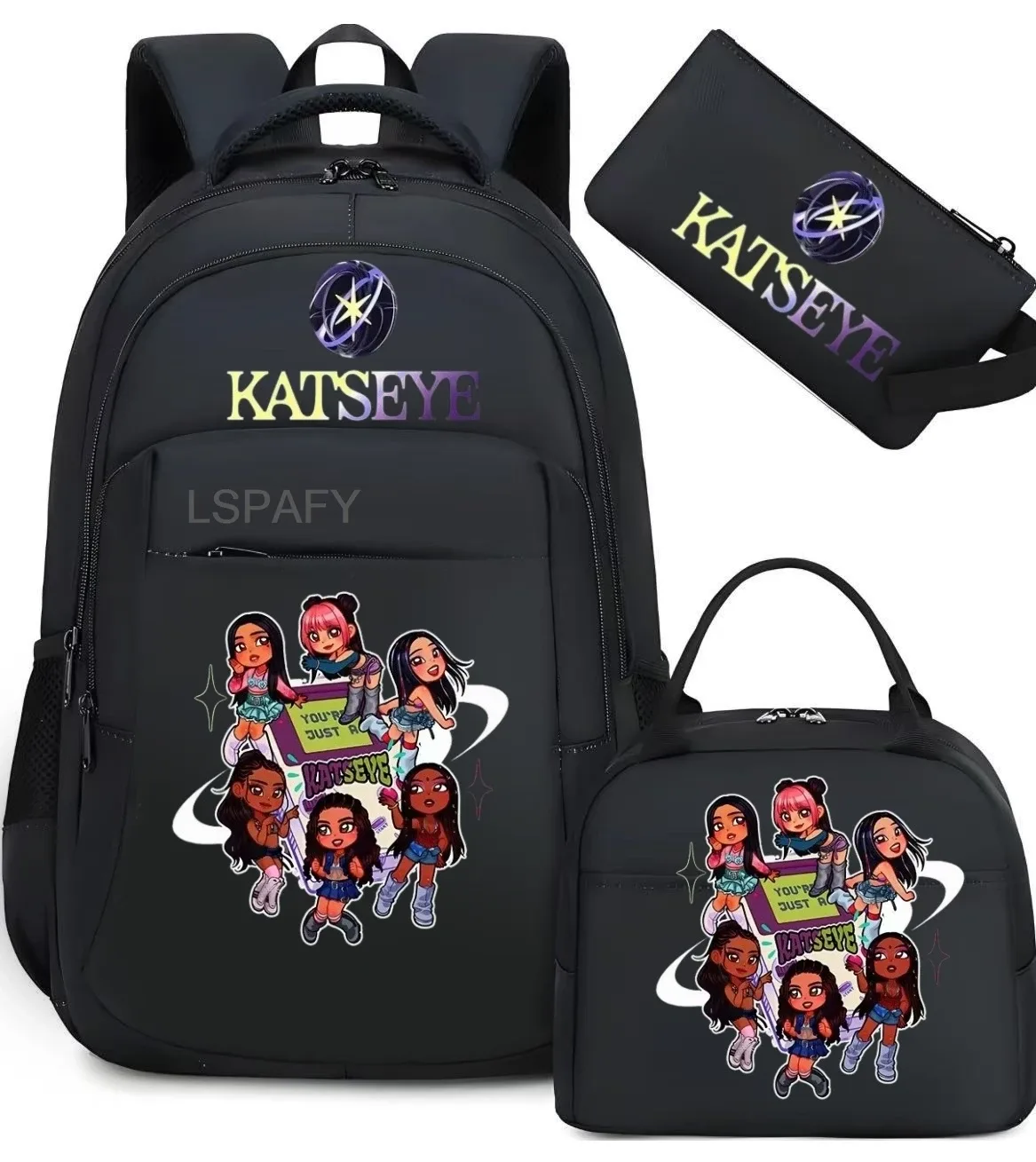 sacs d'école imprimés fashion katseye, ensemble de 3 pièces, sac à dos pour l'école primaire, garçons et filles, sac à dos de sport avec sac à lunch et trousse à crayons