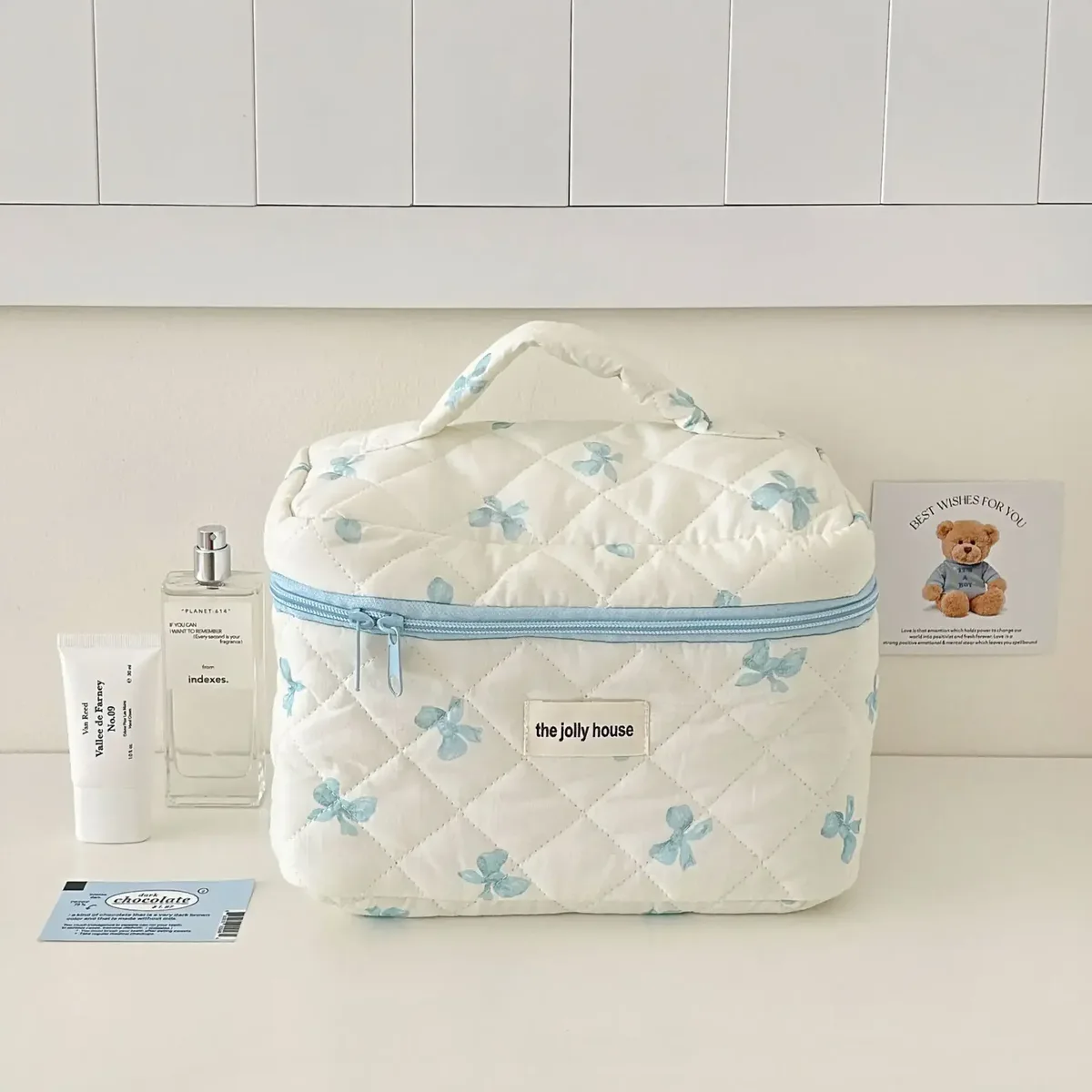 sac de maquillage coréen imprimé nœud pour femmes, trousse à cosmétiques portable de grande capacité pour articles de toilette de voyage, sac de rangement de cosmétiques