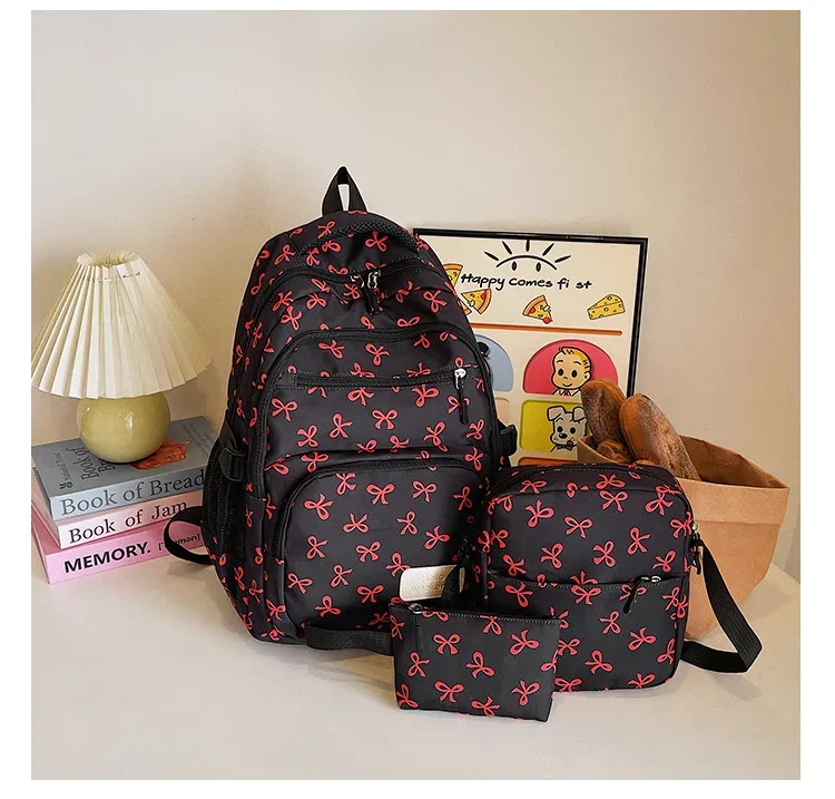 ensemble de 3 sacs à dos mignons avec nœuds, grand sac à dos scolaire, sac à dos de voyage décontracté polyvalent, sac bandoulière pour filles