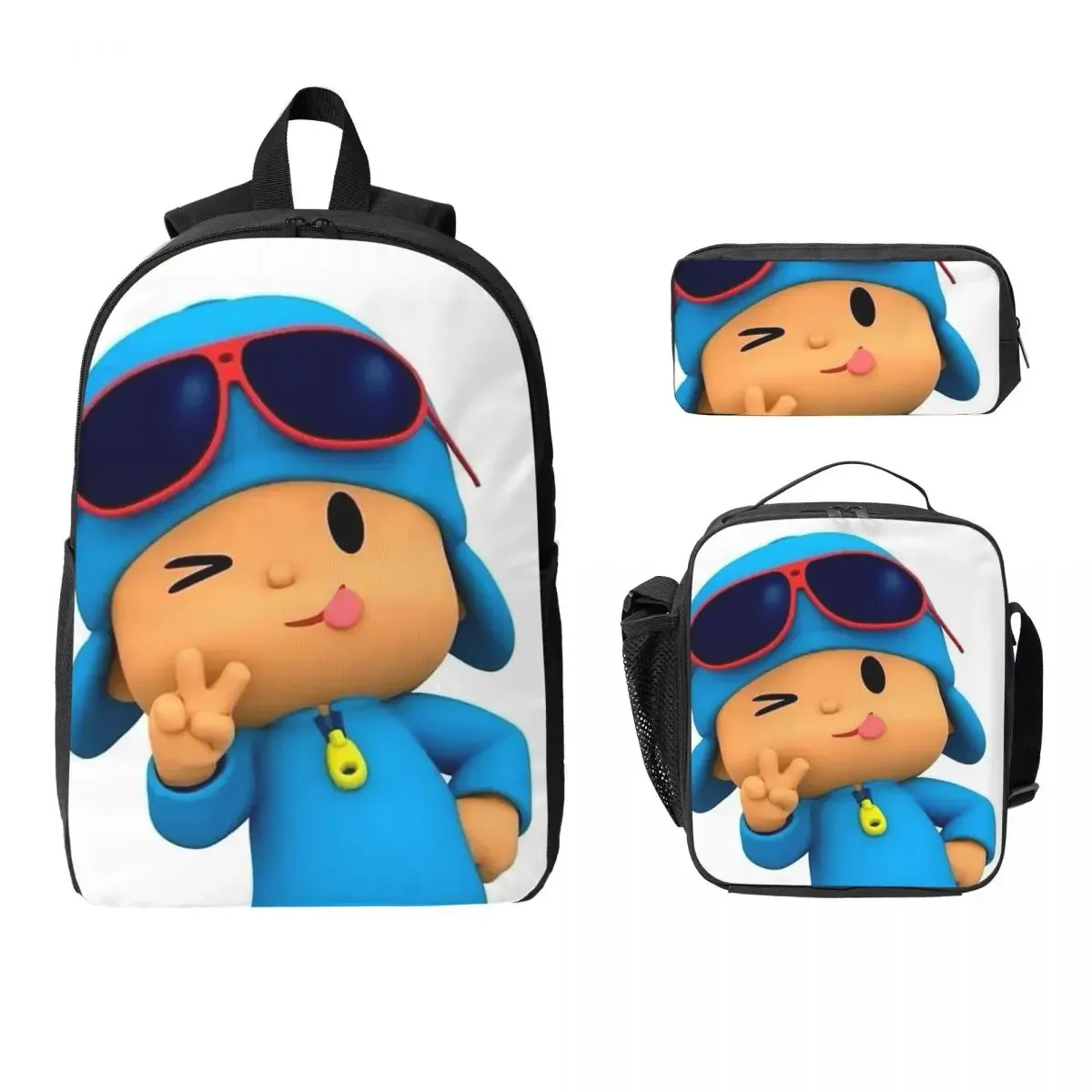 sac à dos bleu pocoyo pour enfants, sac à livres pour étudiants, sac d'école, sacs à bandoulière pour ordinateur, 3 pièces, sac à déjeuner isotherme, trousse à crayons
