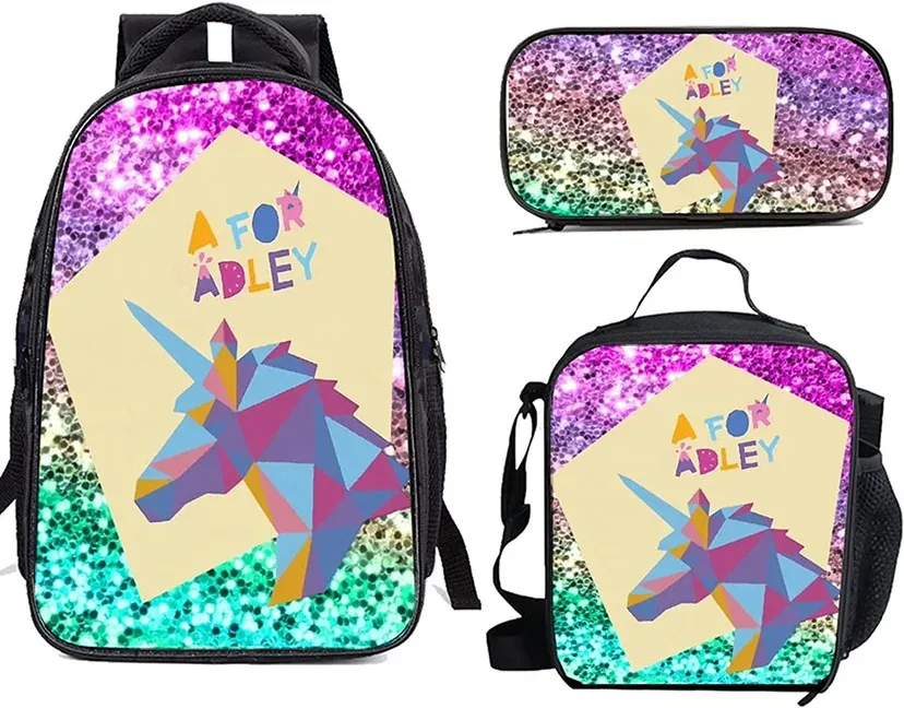afor adley – sacs d'école classiques et populaires pour étudiants, impression 3d, 3 pièces/ensemble, sac à dos pour ordinateur portable, sac à déjeuner, trousse à crayons