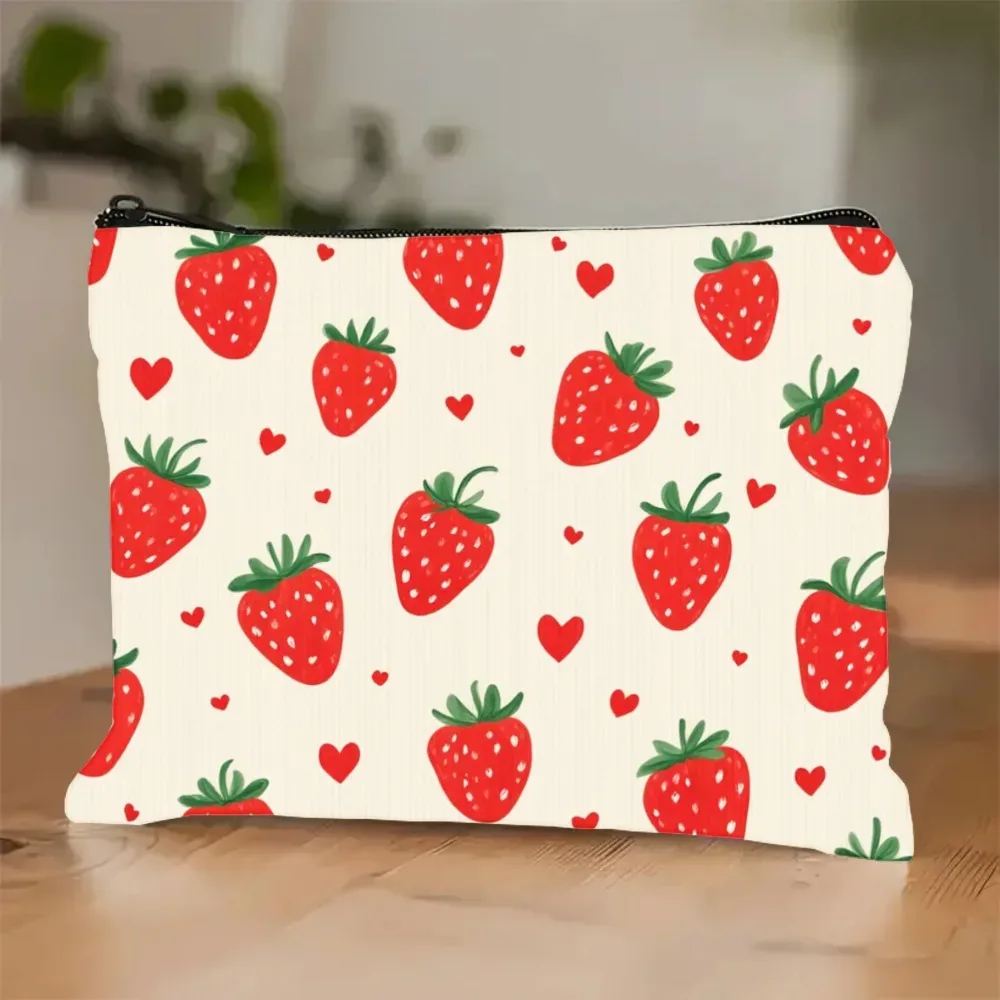 sac de maquillage chic imprimé cœur de fraise, organisateur de cosmétiques spacieux, pochette à cosmétiques à fermeture éclair, porte-monnaie, sac de rangement, trousse à crayons