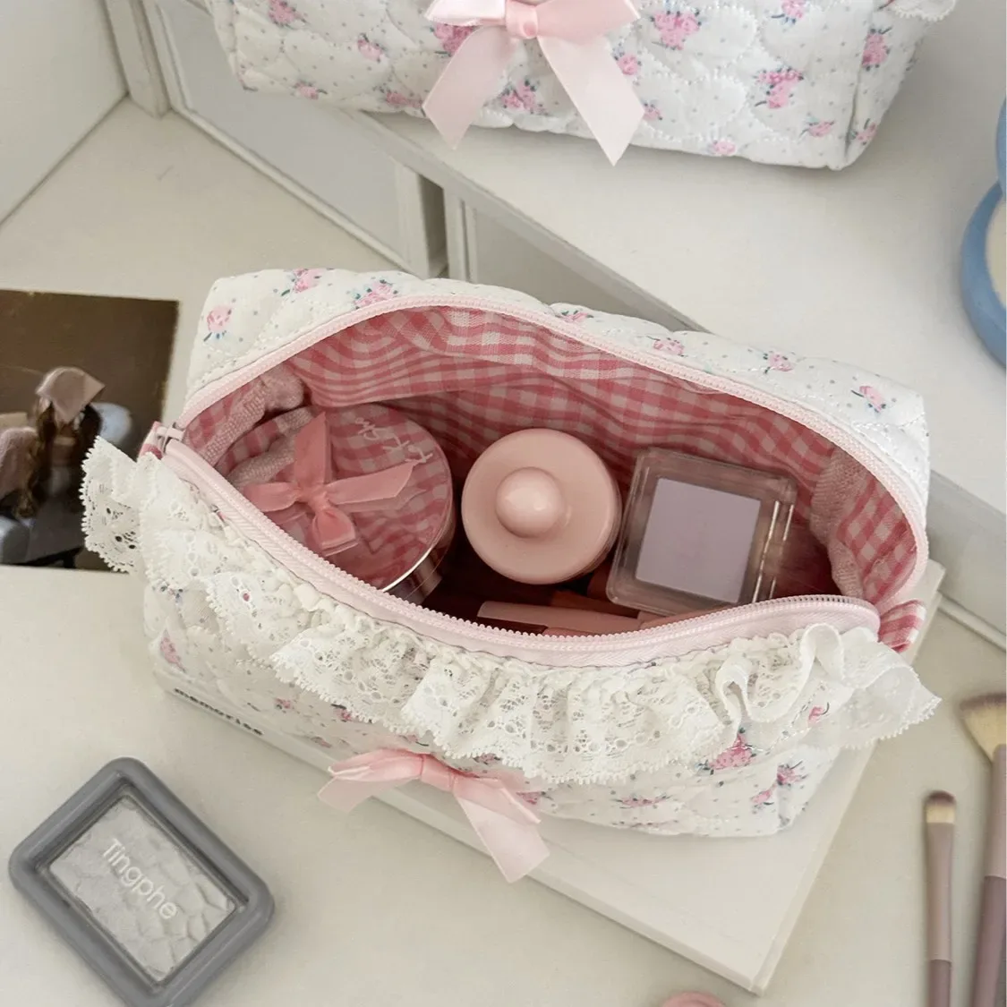 petite trousse de maquillage en dentelle à fleurs roses pour femmes, organisateur de voyage, pièces de monnaie cosmétiques, pochette pour filles, mignon nœud carré, sacs portefeuille à fermeture éclair