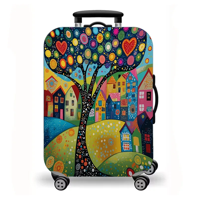 housse de bagage, housse de protection extensible pour valise avec imprimé artistique folklorique de ville de conte de fées colorée, housse de bagage de voyage lavable et anti-rayures