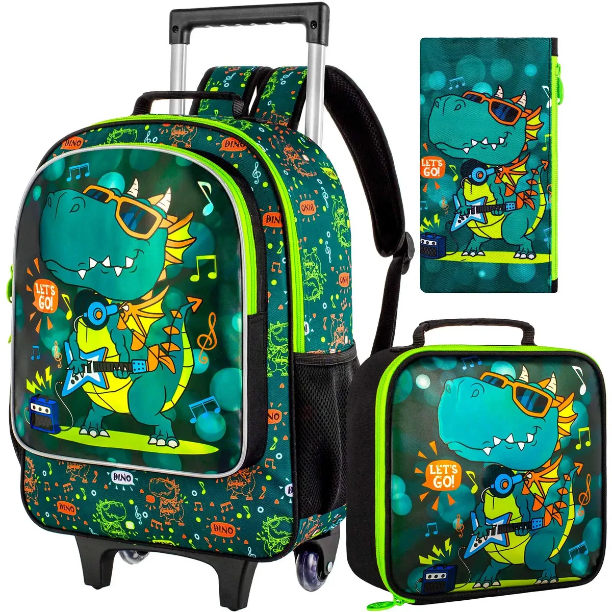 sac à dos roulant 3 pièces pour garçons, sac à dos d'école à roulettes avec roulettes, sac à livres à roulettes dinosaure pour enfants pour kinde préscolaire primaire