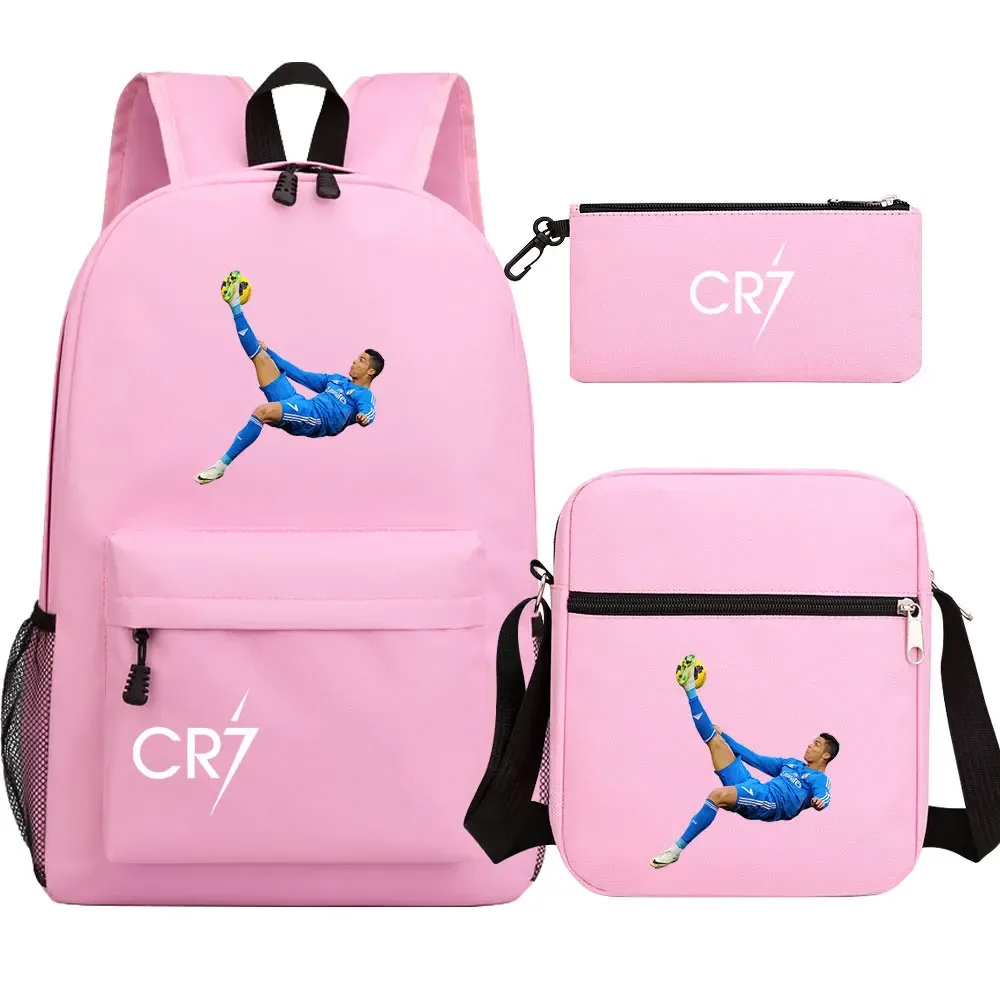 football star cr7 3 pièces garçon fille retour à l'école livre sacs, étudiant sac à bandoulière porte-crayon sac à dos, adolescents mochila hommes femmes