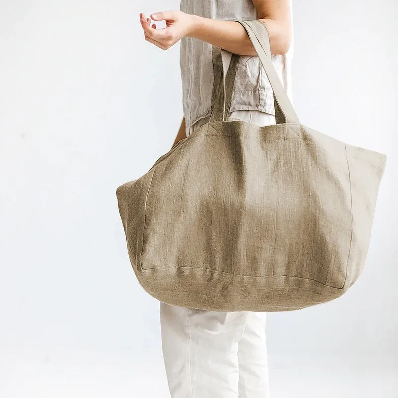sacs de shopping en lin décontractés pour femmes, sacs d'articles divers réutilisables pliables, sacs à bandoulière de plage de voyage, grands sacs à main