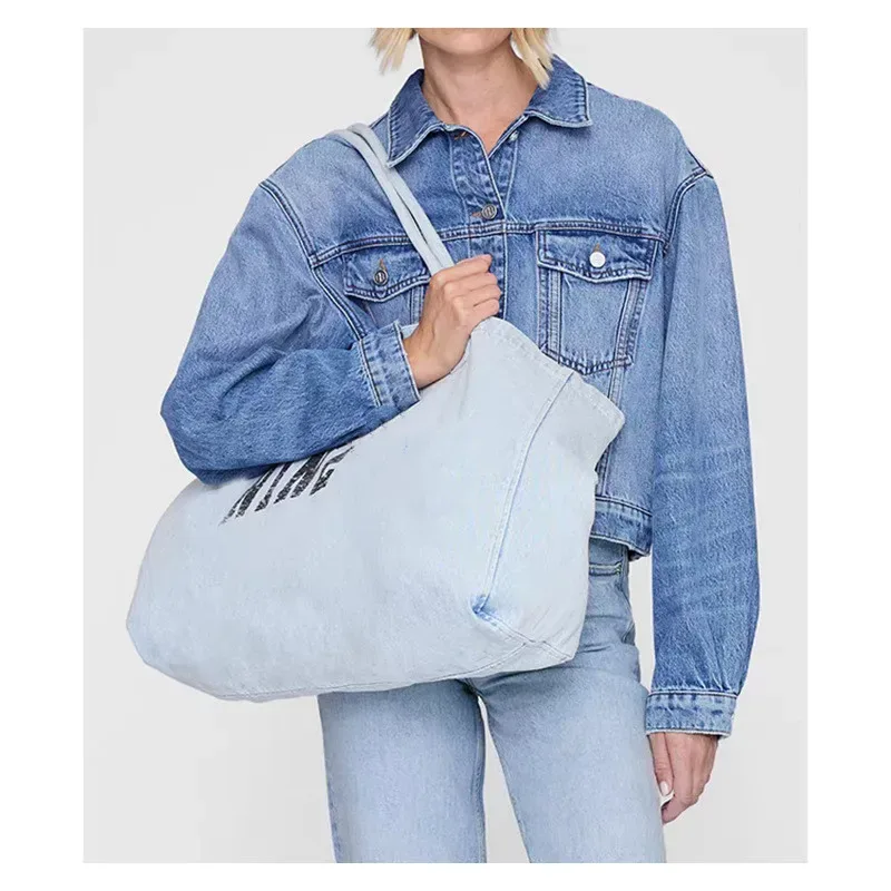 sac fourre-tout en toile denim pour femme, grande capacité, sac de shopping, sac à main décontracté artistique avec lettres, style américain, doublure en polyester souple